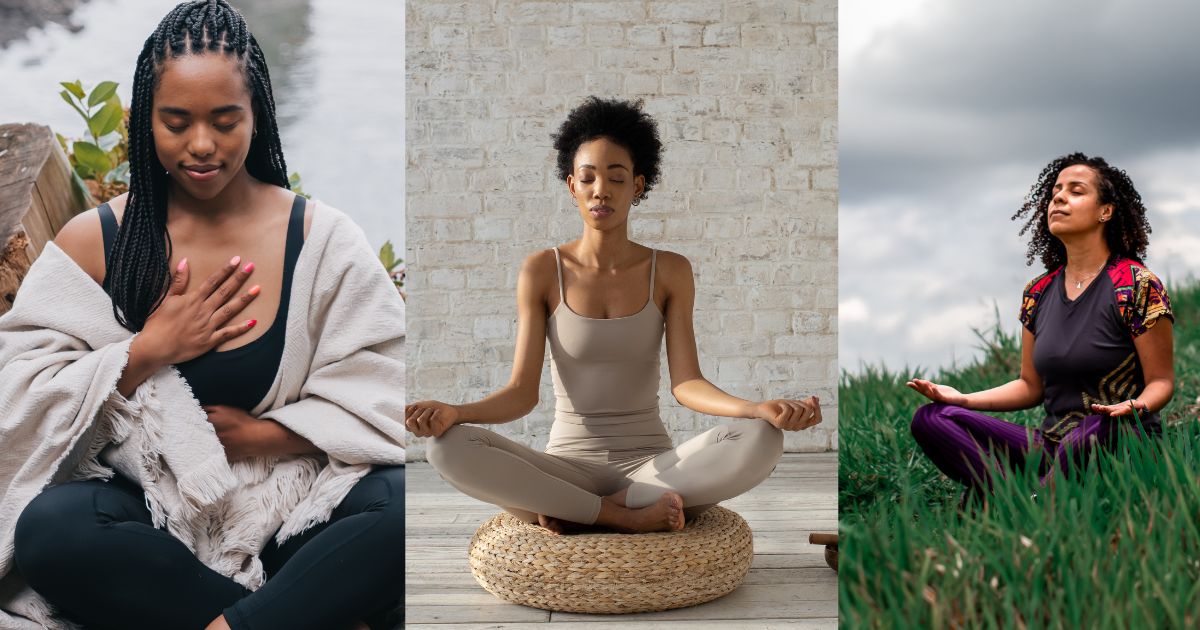 Woman meditating with crystals and herbal tea